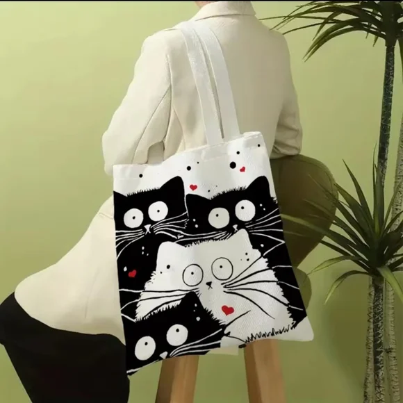 Cat Print Tote Bag - Black and White - Picture 3 of 4